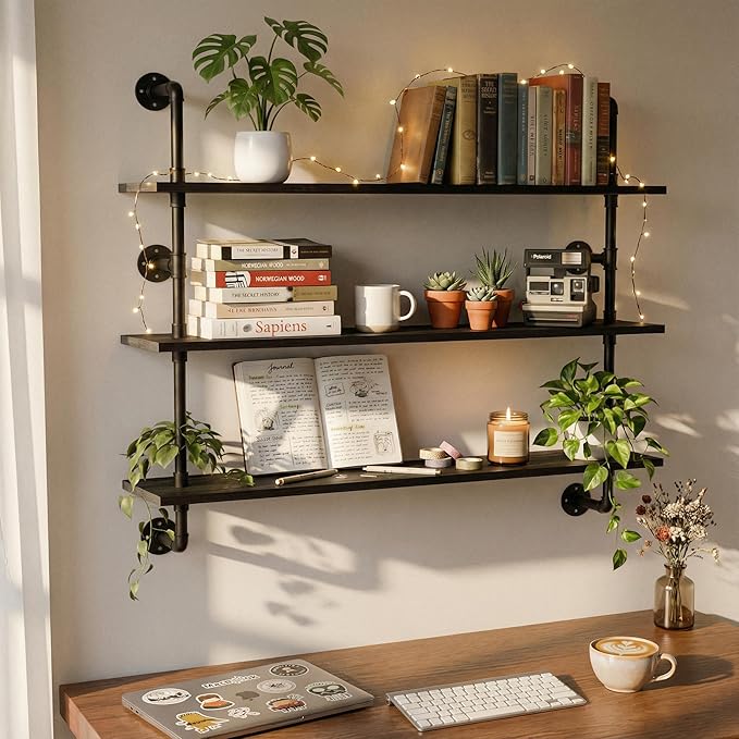 HDDFER Industrial Pipe Shelving Rustic Black Wall Shelves with Wood Planks Industrial Floating Shelves 48 Inch 3 Tier Farmhouse Bookshelf Pipe Shelves Wall Mounted,Open Shelving For living room/office