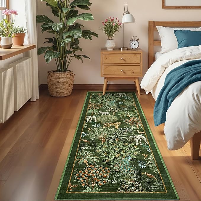 GarveeHome Jungle Rug 2.5x10 Kitchen Runner Rug Non Slip Washable Runners for Hallways, Animal Print Runner Rugs with Rubber Backing Low-Pile Forest Long Carpet for Bedroom Entryway, Dark Green