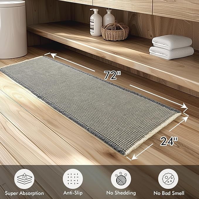 MIULEE Set of 2 Waffle Bathroom Runner Rugs, Boho Bath Rugs Non Slip Washable, Super Absorbent Runner Bath Mats, Rubber Backed, Ideal for Hallway Laundry Room, Dark Grey & Yellow, 2'x6'(24x72 Inch)