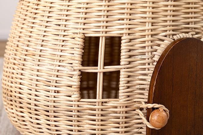 Mushroom Shaped Storage Basket, Extra Large Size, Natural, Rattan and Mindy Wood Door, D14"xW14"xH15" (36x36x38cm), Indirect Lighting Box, BLY-21NA
