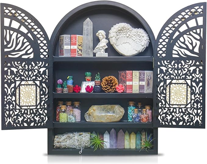 Large Crystal Display Shelf for Wall, Crescent Moon Phase Shelf Wall Decor, Wooden Arch Shelf, Tree of Life Crystal Holder Organizer, Cabinet for Gem Stone Rock, Spiritual Home Room Decor