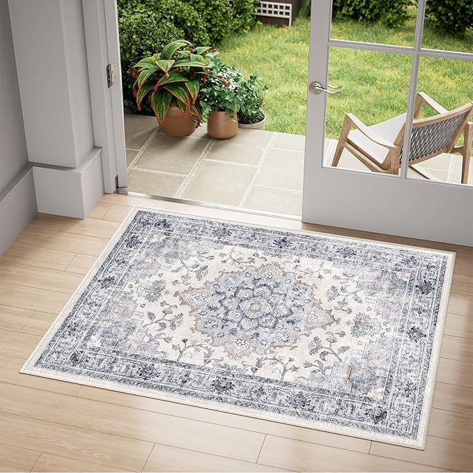 CAPALOCA Machine Washable Rugs Nursery Rug 2x3 Cute Girl Non Slip Low Pile Water Repellent Soft Print Pattern for Bedroom Indoor Decor Kids Playroom Blue White