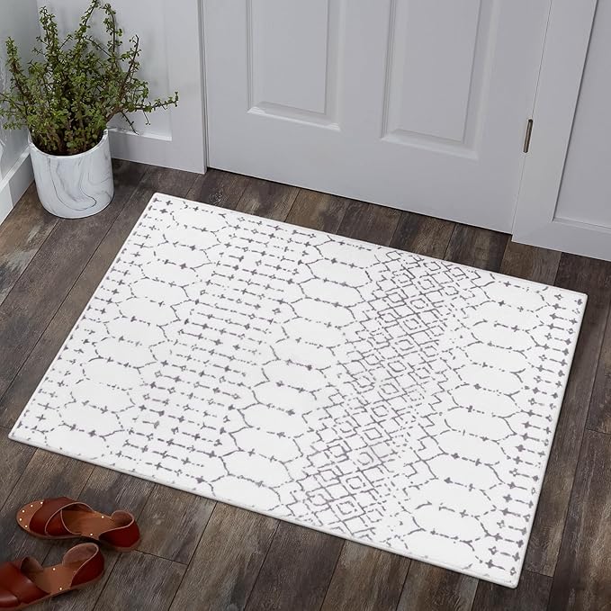 Lahome Moroccan Door Rugs for Entryway Indoor 2x3 Non-Slip Washable Front Door Mat Stain Resistant Untra-Thin Grey White Small Kitchen Rug, Geometric Inside Door Mats for Entrance Bathroom Sink Hana