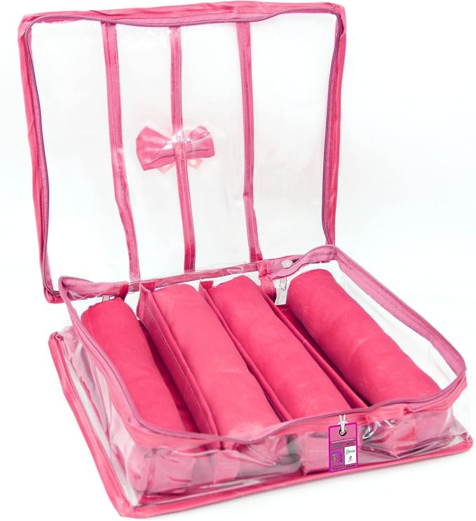 atorakushonSatin Fabric 4 Rod Bangle Box Organizer for Women Girls Jewellery Pouch Storage Bag Makeup Travel Wardrobe Wedding Set for Bride Pink
