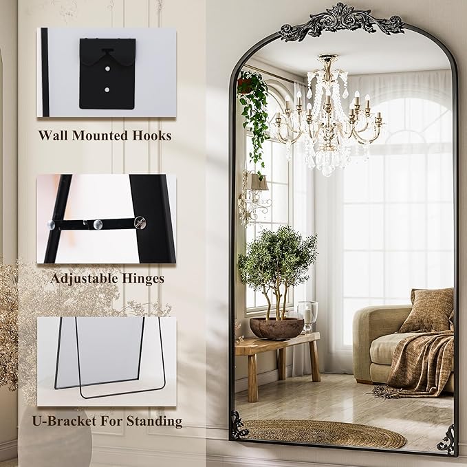 GLSLAND Vintage Mirror - 72"x 44" Full Length Mirror Large Carved Arched with Metal Frame Baroque Full Body Mirrors for Bathroom/Living Room/Entryway,Black