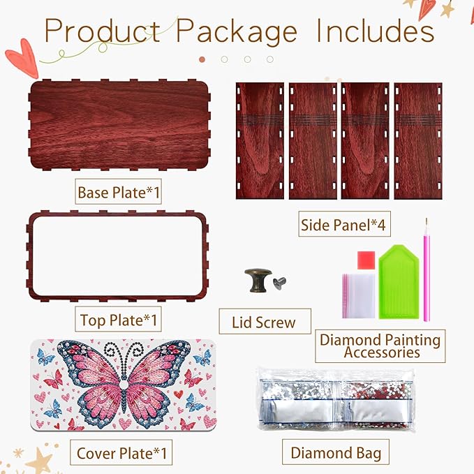 Diamond Art Painting Storage Box Kit, DIY Rectangular Wooden Decorative Container Holder with Lid, Snack Jewelry Gem Art Organizer Case for Adults (Butterfly)