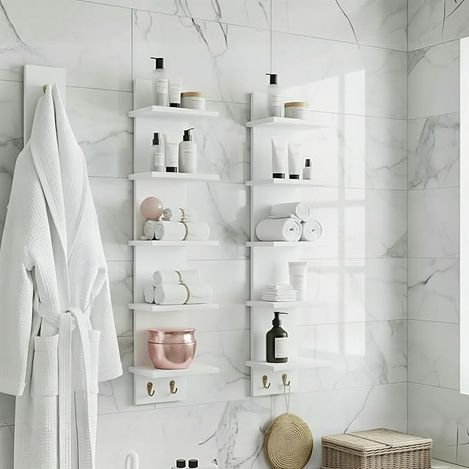 Sorbus 5 Tier Wall Shelf Unit with Hooks, Vertical Column Utility Shelving for Home Decor and Storage Organizer, Wall-Mounted Floating Shelves for Bathroom Storage, Bedroom (2 Pack)