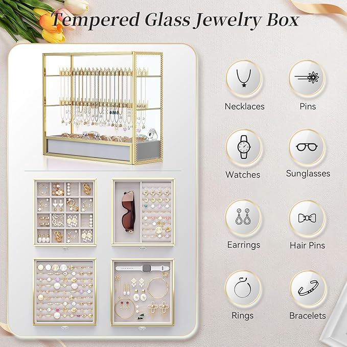 Youdepot Tempered Glass Makeup Organizer Countertop 5-Drawer Jewelry Box - Large Velvet-Lined - Multi-Functional jewelry organizer,Skincare Storage for Vanity and Bathroom Countertop