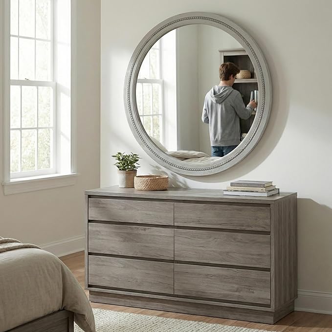 30 Inch Round Farmhouse Mirror for Bathroom Vanity, Distressed Grey Solid Wood Wall Mirror - Rustic Weathered Gray Beaded Circle Mirror for Industrial Decor