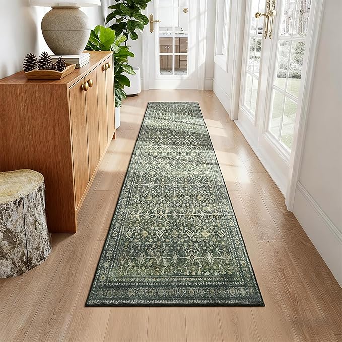 Lofus 2'6"x14' Area Rug for Hallways,Green Washable Runner Rugs with Non Slip Rubber Backing, Low Pile Soft Carpet Runner for Kitchen Bathroom Bedroom Laundry
