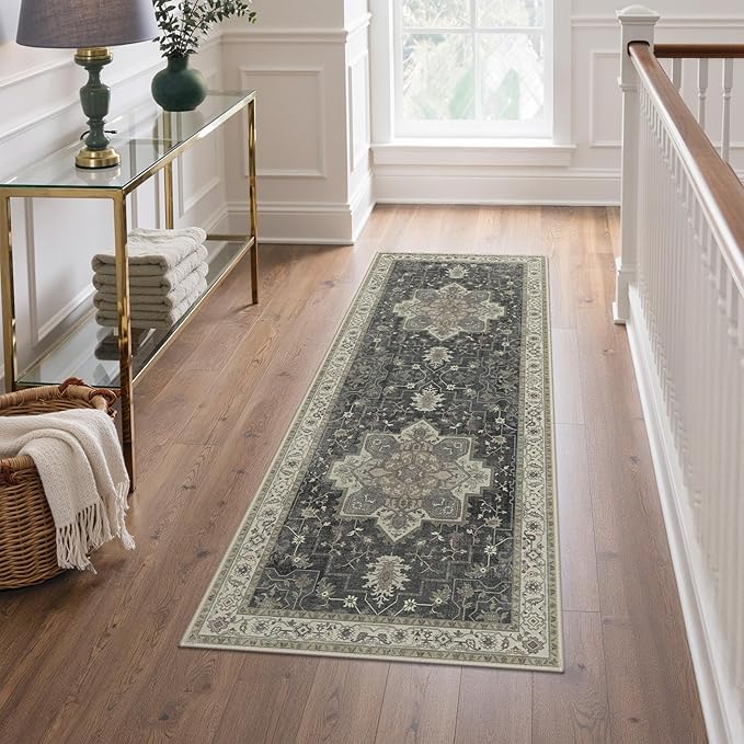 GENIMO 2x10 Runner Rugs for Hallway, Machine Washable Non Slip Vintage Rugs, Low Pile Lightweight Soft Print Rug for enrtyway, Corridor, Home, Office, Kitchen, Muted Charcoal Beige