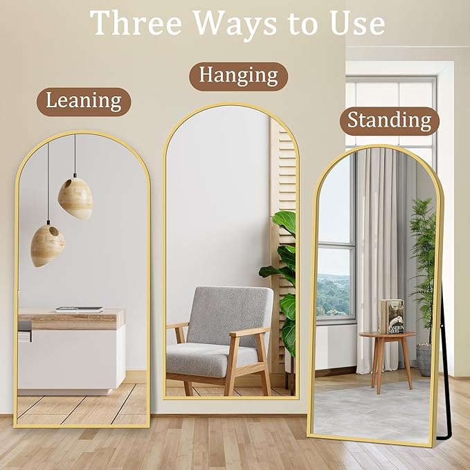 GlasFlength Full Body Mirror with Stand, 71" x 32" Arched Full Length Mirror with Aluminum Alloy Frame Wall-Mounted/Leaning Against Wall/Floor Standing Mirror for Home Decor, Gold
