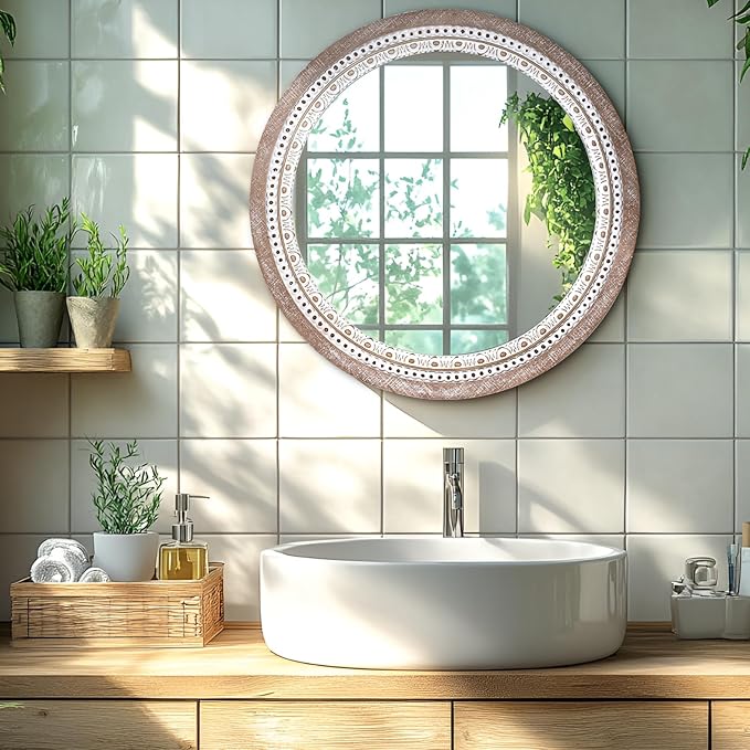 Reflinto 24 Inch Boho Wooden Round Mirror for Wall Decor, Rustic Farmhouse Circle Mirrors Decorative for Bathroom Over Sink, Living Room, Entryway, Hallway