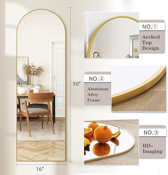 Door Mirror, Arched Full Length Mirrors Over The Door, 16"x 50" Hanging or Wall Mirror, Full Body Mirrors,Gold