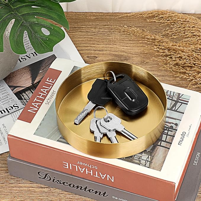 Hipiwe Small Key Bowl for Entryway Table, 5.5" Round Gold Stainless Steel Tray Vintage Jewelry Dish Metal Decorative Tray Makeup Organizer for Key Vanity Perfume Trinket Candle Plate