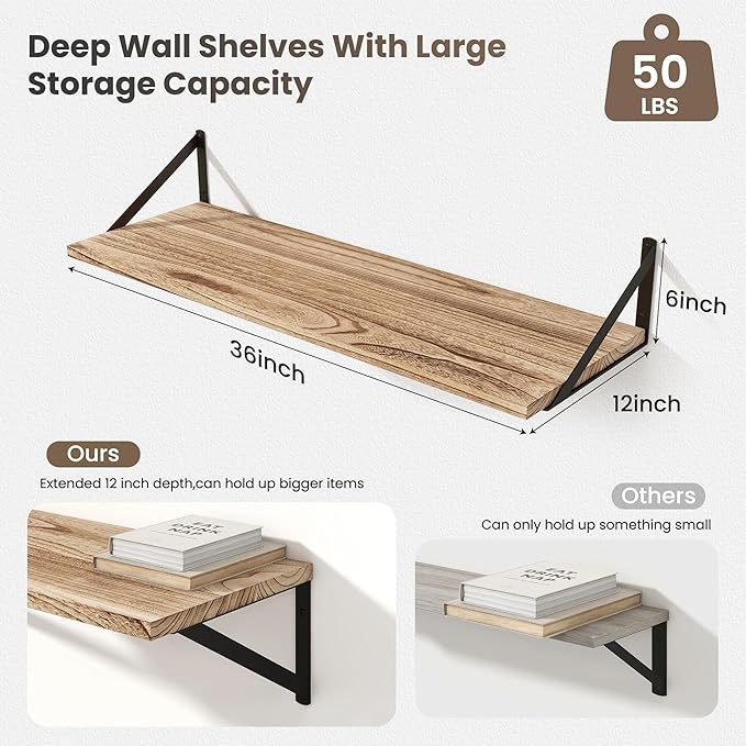 Marsmiles Deep Floating Shelves for Wall - 36 Inch Wide x 12 Inch Deep Wall Shelves Set of 2 - Rustic Wood Floating Shelves for Living Room Bedroom Bathroom