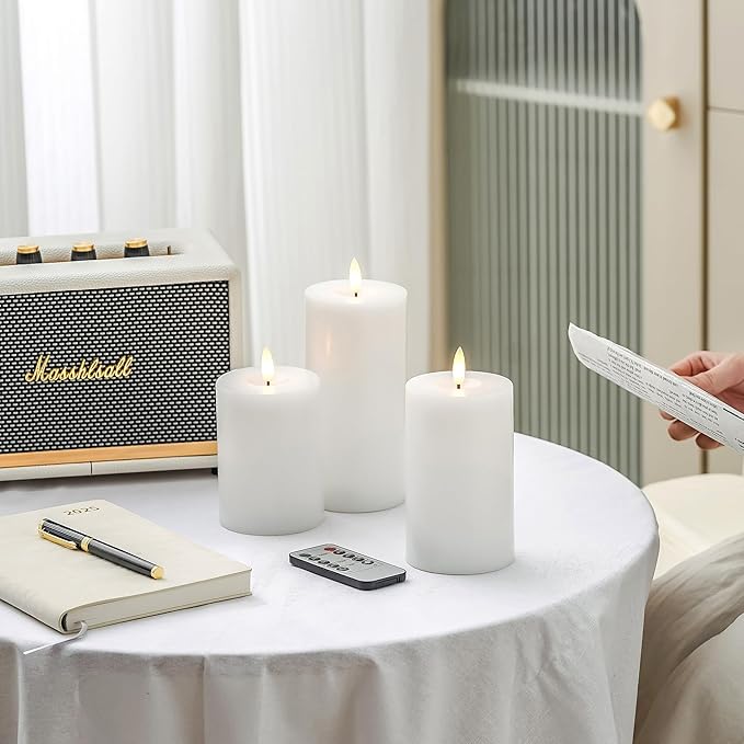 Stmarry White Flameless Candles with Remote and Timer, Real Wax Made LED Pillar Candles Battery Operated with 3D Flickering Flame - 3" x 4",5",6" - Set of 3