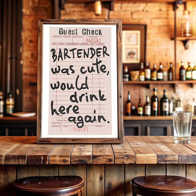 Fun Bar Canvas Wall Art, Bar Cart Accessories and Decor, Trendy Preppy Black White Retro Guest Check Wall Decor, Vintage Art Poster for Home Kitchen Wall Decoration, Unframed Artwork Prints, 16"x24"