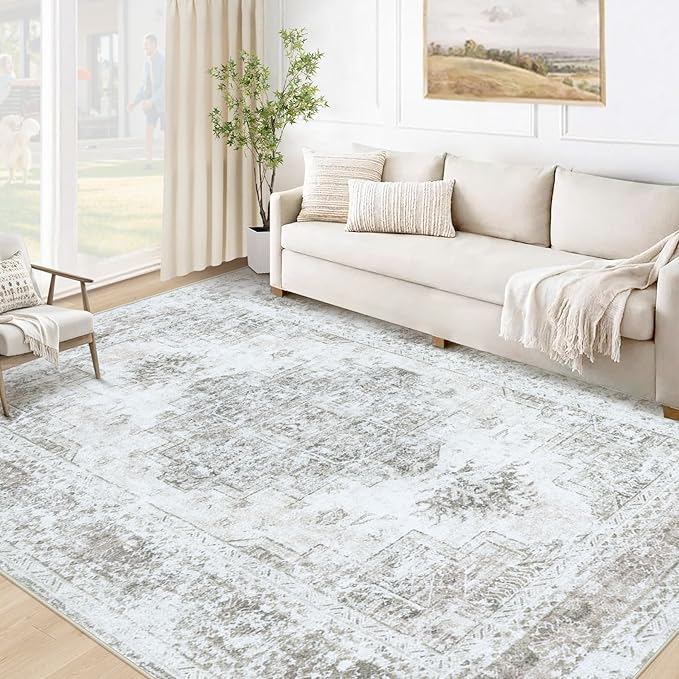 XLUEZ Area Rug 5x7 Living Room Rug, Machine Washable Vintage Distressed Medallion Rug Non-Slip Soft Low Pile Large Indoor Rugs for Bedroom Kitchen Dining Room Office(Taupe,5'x7')