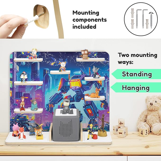 stadtecken Wooden Shelf for Music Box I Suitable for The Toniebox and Tonies I Perfect Storage in The Children's Room I for Setting up or Hanging (Robots)