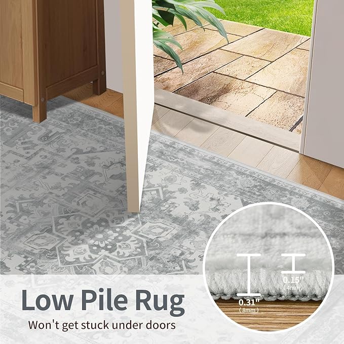 Rugxara 8x10 Washable Area Rug for Living Room, Extra Large Neutral Vintage Boho Rugs for Office, Kids Room, Farmhouse, Durable Low Pile Non Slip Carpet for High Traffic Areas, Light Grey