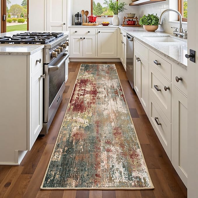 RELEANY Washable Area Rugs 2'x6' Non-Slip Modern Abstract Soft for Living Room Entryway Bedroom Nursery, Print Pattern, Brown Rust Red Green Blue Multi
