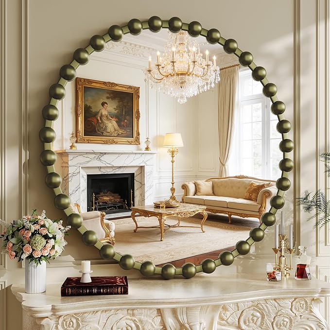 Round Vintage Vanity Mirror, 36 Inch Beaded Frame Circle Wall Mirror for Bathroom, Bedroom Dresser, Entryway, Living Room, Decorative Hanging Wall Mirror, Bronze