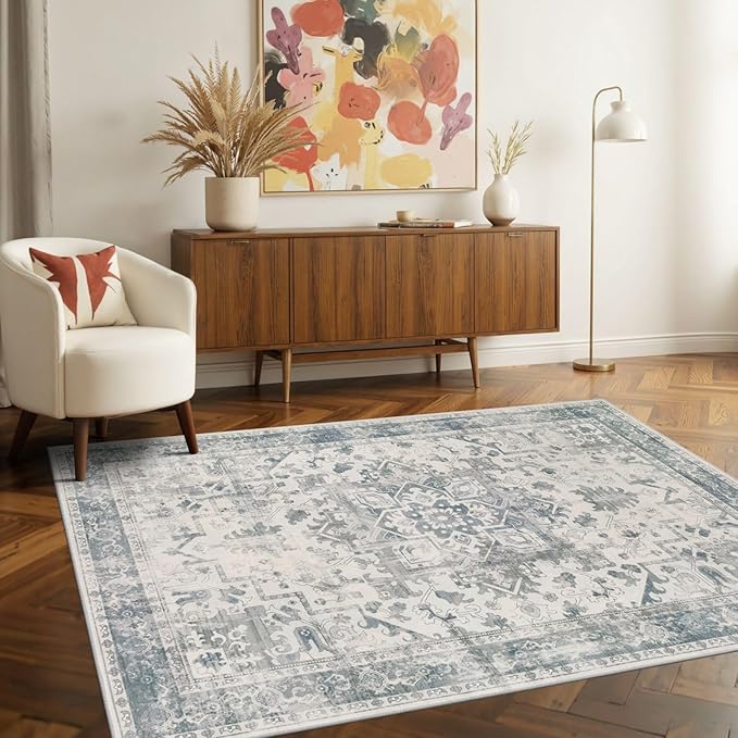 Rugxara 3x5 Washable Entryway Rug, Non Slip Boho Runner Rugs for Hallway, Entrance, Kitchen, Bathroom, Laundry Room, Soft Entryway Carpet, Throw Low Pile Retro Imitation Wool Carpet, Light Blue Grey