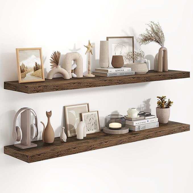 55 Inch Long Floating Shelves for Wall Set of 2, 55x9.3 Large Floating Shelf for Bedroom, Kitchen, Bathroom, Wall Mounted Rustic Wood Shelves with Invisible Bracket for Books, Decor, Rustic Brown