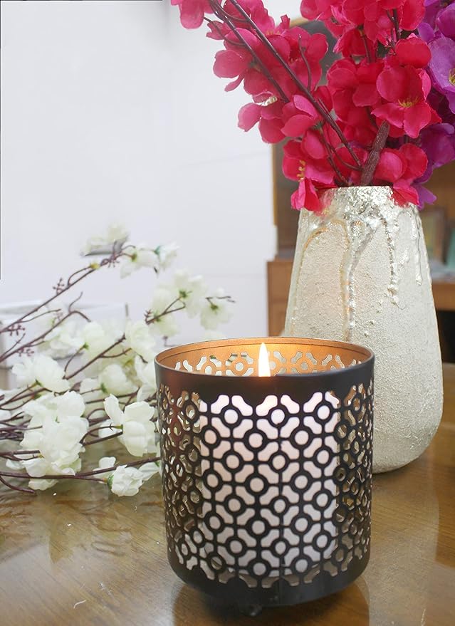 Hosley Set of 2 Black (Gold Inside) Metal Jar Holder Candle Sleeve 4.5" High. Votive, Tea Light Lanterns Ideal Gift for Weddings, Parties, Spa and Aromatherapy O6