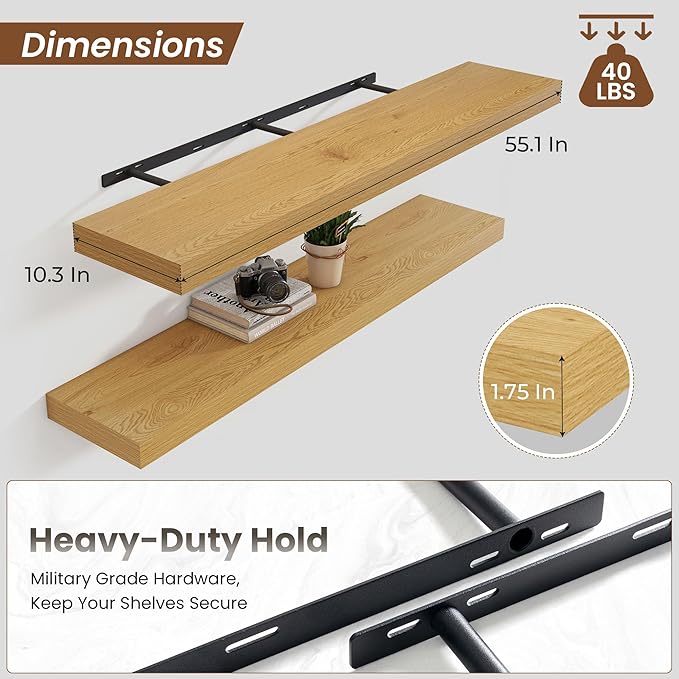 Heimlove Floating Shelves for Wall 55 Inch Long,Extra Large and Thick Wood Shelves Mounted Storage Hanging Shelf Invisible Bracket for Bedroom,Living Room,Kitchen,Office,Oak