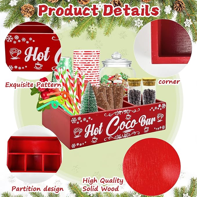 Christmas Hot Cocoa Bar Wood Coffee Station Organizer Countertop with 4 Compartment Decorative Christmas Cocoa Wood Storage Bin Vintage Open Holder Box for Home Kitchen Holiday Decor