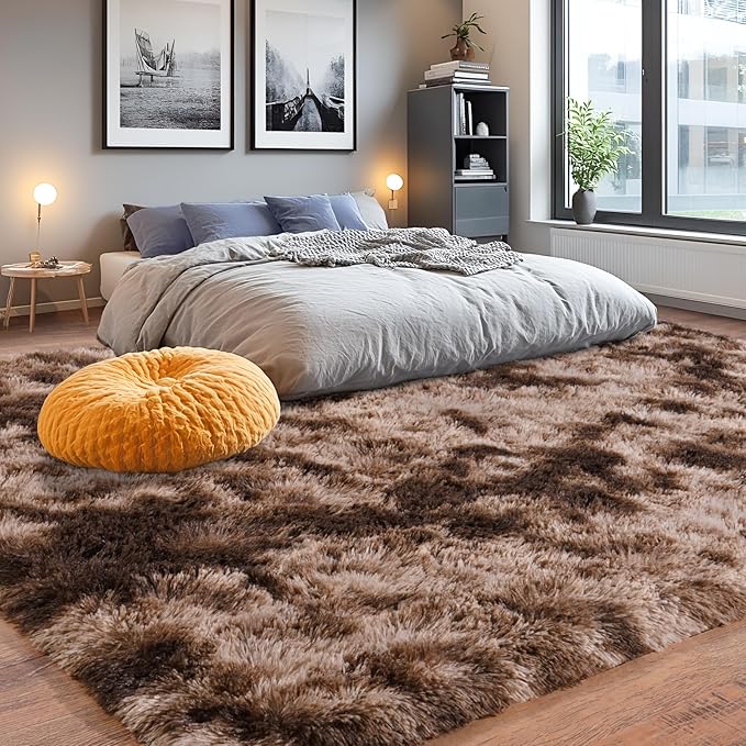8x10 Area Rugs for Living Room, Ultra Soft Fluffy Large Shaggy Rug Carpet for Bedroom, Non-Slip Fuzzy Plush Rugs for Nursery Boys Girls Kids Room Modern Indoor Home Decor, Tie Dyed Brown