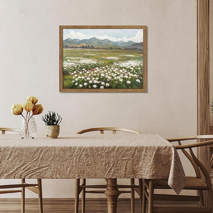 Framed Farmhouse Landscape Wall Art, Modern Country Flower Wall Decor, Vintage Wildflowers Mountain Canvas, Farm House Nature Pictures Print Artwork for Bedroom Living Room – 12x16 inch