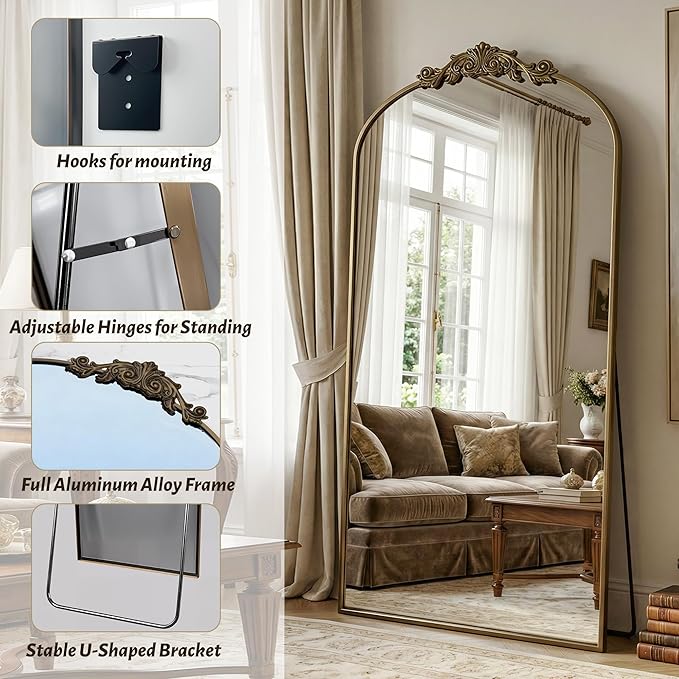 Vintage Full Length Mirror,78"x38" Arched Antique Floor Mirror with Carved Metal Frame,Large Standing Wall Mounted or Leaning Mirror for Bedroom Living Room Entryway,Bronze