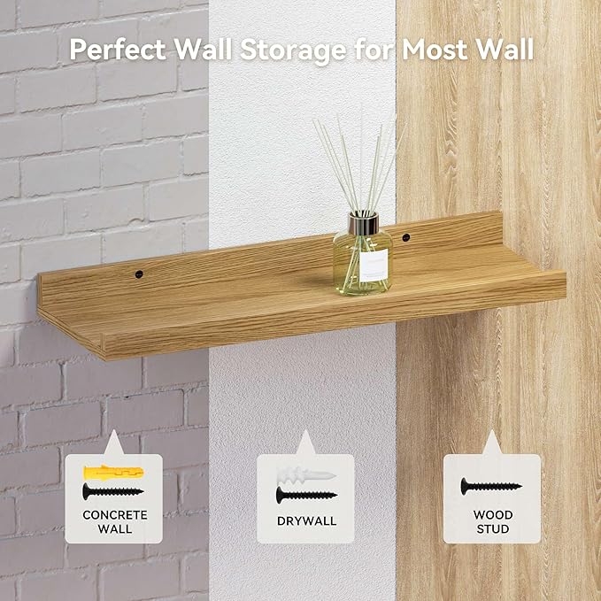 Boswillon 23.6 Inches Long Floating Shelves, 2 Set Modern Wall Shelf for Bedroom, Nursery Book Shelf with Lip, Picture Ledge Shelf for Wall Decor Living Room Bathroom Kitchen - Oak