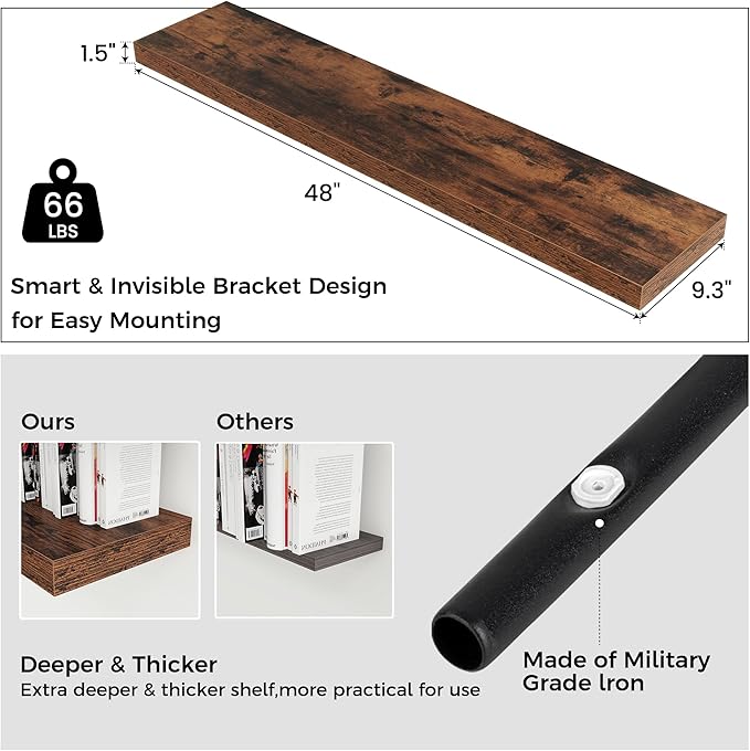 Venusmiles Floating Shelves for Wall, Engineered Wood Wall Shelves with Invisible Brackets for Living Room Bedroom Bathroom Office Kitchen Decor and Storage (Brown, 48" W x 9" D x 1.5" H) Set of 2