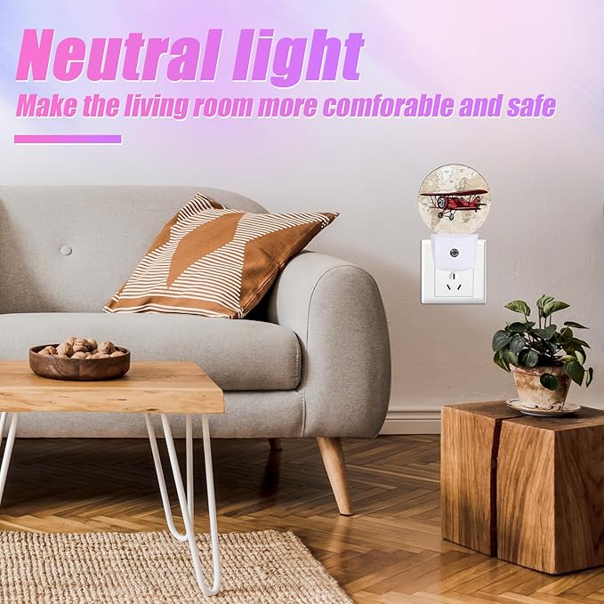 Vintage Airplane Night Light World Map Night Lights LED Lamp Round Plug into Wall Nightlight with Dusk to Dawn Sensor Home Hallway Stairway Kitchen Decor