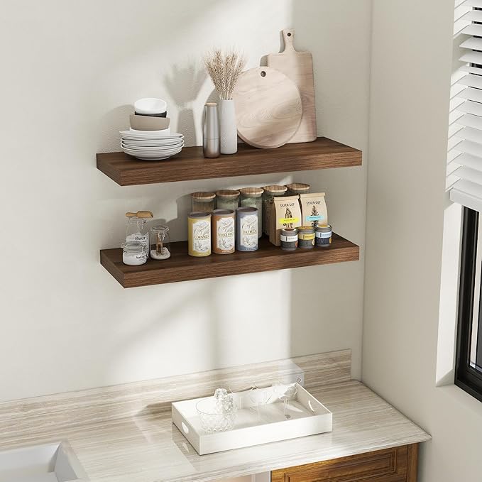 36 Inch Walnut Floating Shelves for Wall, 12 Inch Deep Shelves for Bathroom|Kitchen|Bedroom, Wall Mounted Rustic Wood Floating Shelf with Invisible Brackets for Books|Storage|Decor, 2 Pack