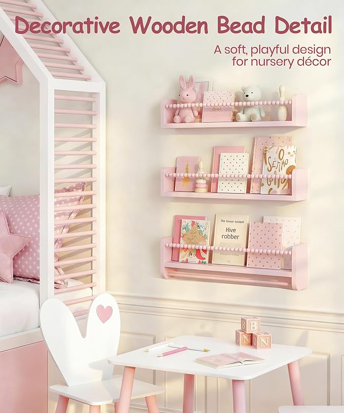 Nursery Book Shelves for Wall Set of 3, Pink Natural Wood Bookshelf Wall Decor, Small Floating Shelf Organizer for Kids Room, Bedroom, Kitchen Spice Rack