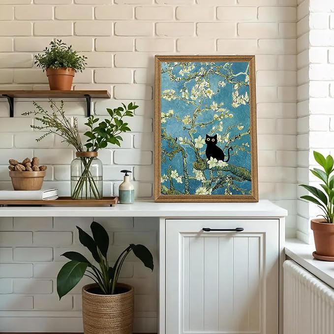 Fantasy Artists Van Gogh's Almond Blossom Funny Black Cat Canvas Wall Art, Oil Painting Posters Home Decor, Vintage Abstract Aesthetic Wall Decorations for Living Room Bedroom, 20'' x 30''