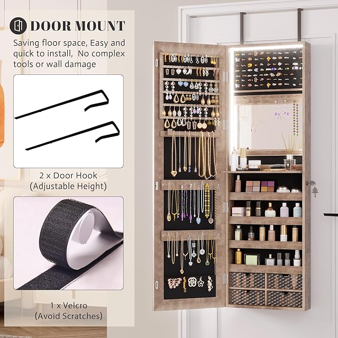Vlsrka 47.2 Inch Full Length Mirror with Storage, Wall Mount Mirror Jewelry Cabinet, Over The Door Hanging Jewelry Armoire Organizer, Built-in Light, 4 Drawers, 5 Shelves, Christmas Gift (Wood)