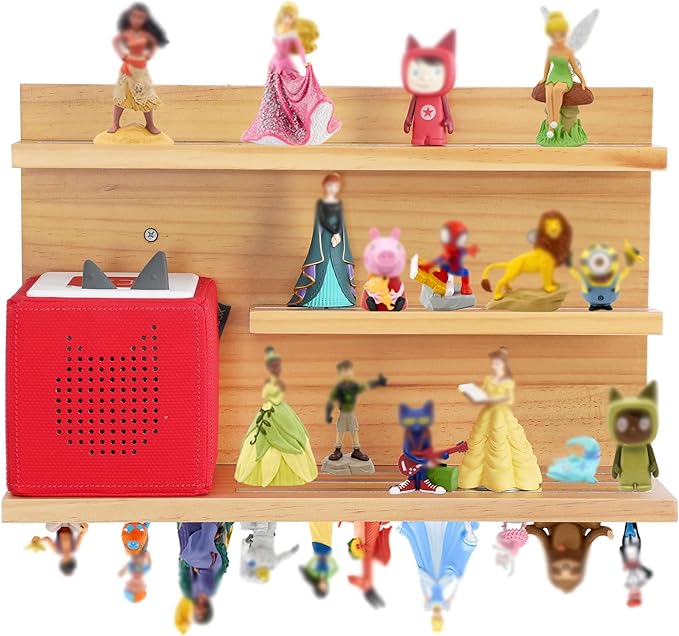 PHOENANCEE for Tonies Shelf Magnetic,for Toniebox Figures Storage Display Shelf (40-48 Character),Wall Floating Shelves Wooden,Compatible Charging Station for Children Kid's Room,Pine,3 Tier