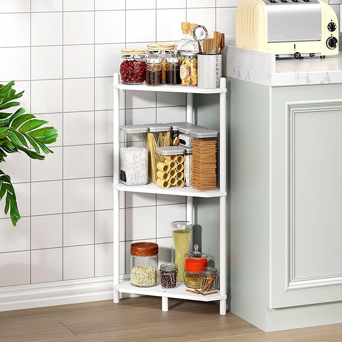 Corner Shelf Stand - 3 Tier Bamboo Small Corner Bookshelf for Office Kitchen Bedroom Plant Stand Living Room Decor Small Space (White，3 Tier)