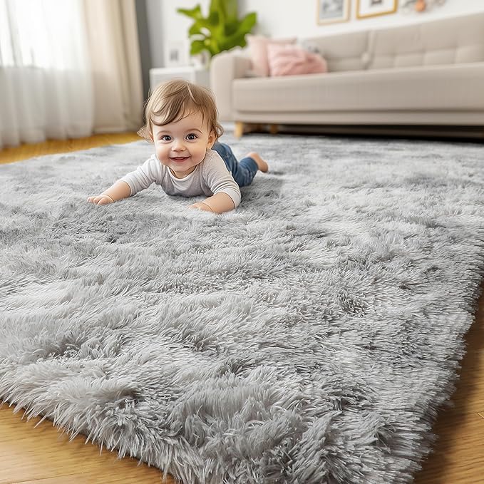 Amdrebio Tie-Dyed Light Grey Large Living Room Rugs 6x9, Furry Shag Area Rug for Bedroom, Big Soft Fluffy Rug for Kids Room Decor, Modern Fuzzy Shaggy Carpet, Plush Floor Rug for Classroom