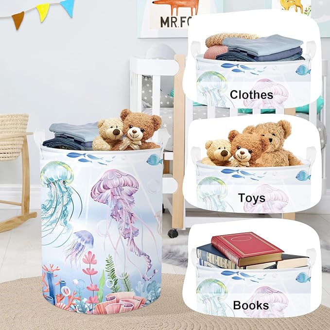 Ocean Animals Baby Laundry Hamper Collapsible Clothes Kids Storage Basket Large Boys Girls Gift Toy Box Bin for Nursery Room, Colorful Jellyfish, 63L