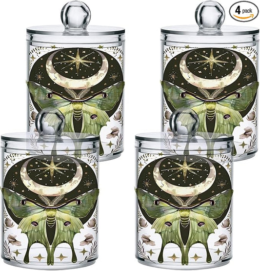 4 Pack Qtip Holder Dispenser Luna Moth Moon Cotton Ball Swab Round Pads Floss Clear Bathroom Storage Containers Plastic Apothecary Jars with Lids