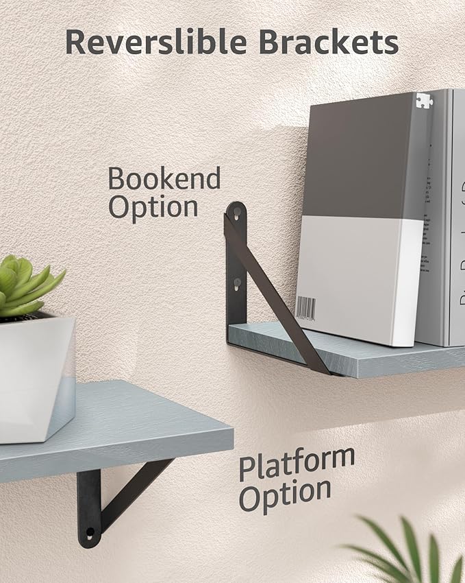 COCOYA Wall Shelves 7.3" Deep Set of 3, Solid Paulownia Wood Wider Longer Sturdy Easy to Install Wall Mounted Bookshelves Storage Shelves Bathroom Home Office Laundry Room Bedroom Organizer Gray