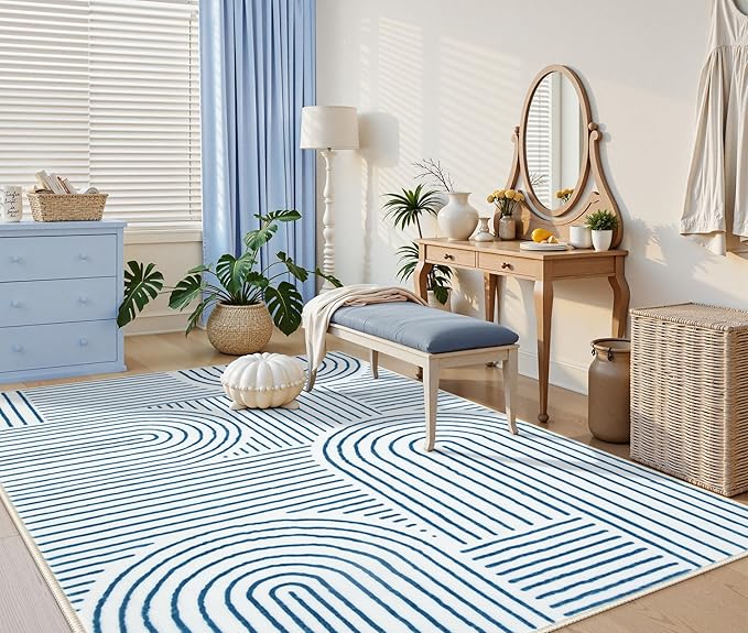 Lahome Abstract 8x10 Area Rugs, Soft Washable Blue Rugs 8x10 Living Room Rugs for Bedroom Dining Room, Ultra-Thin Accent Carpet for Office Dining Room Darrell (8x10ft,Blue/White)