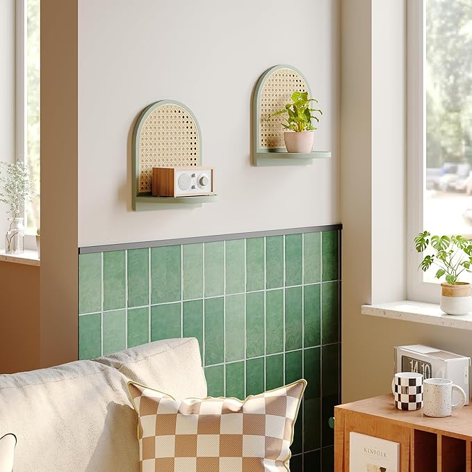 Arched Rattan Wall Shelf - Boho Rattan Floating Shelf with Grooved Edge, Unique Small Display Shelves, Natural Pine Wood Wall Decor for Bedroom, Living Room, Nursery Room, Set of 2, Green